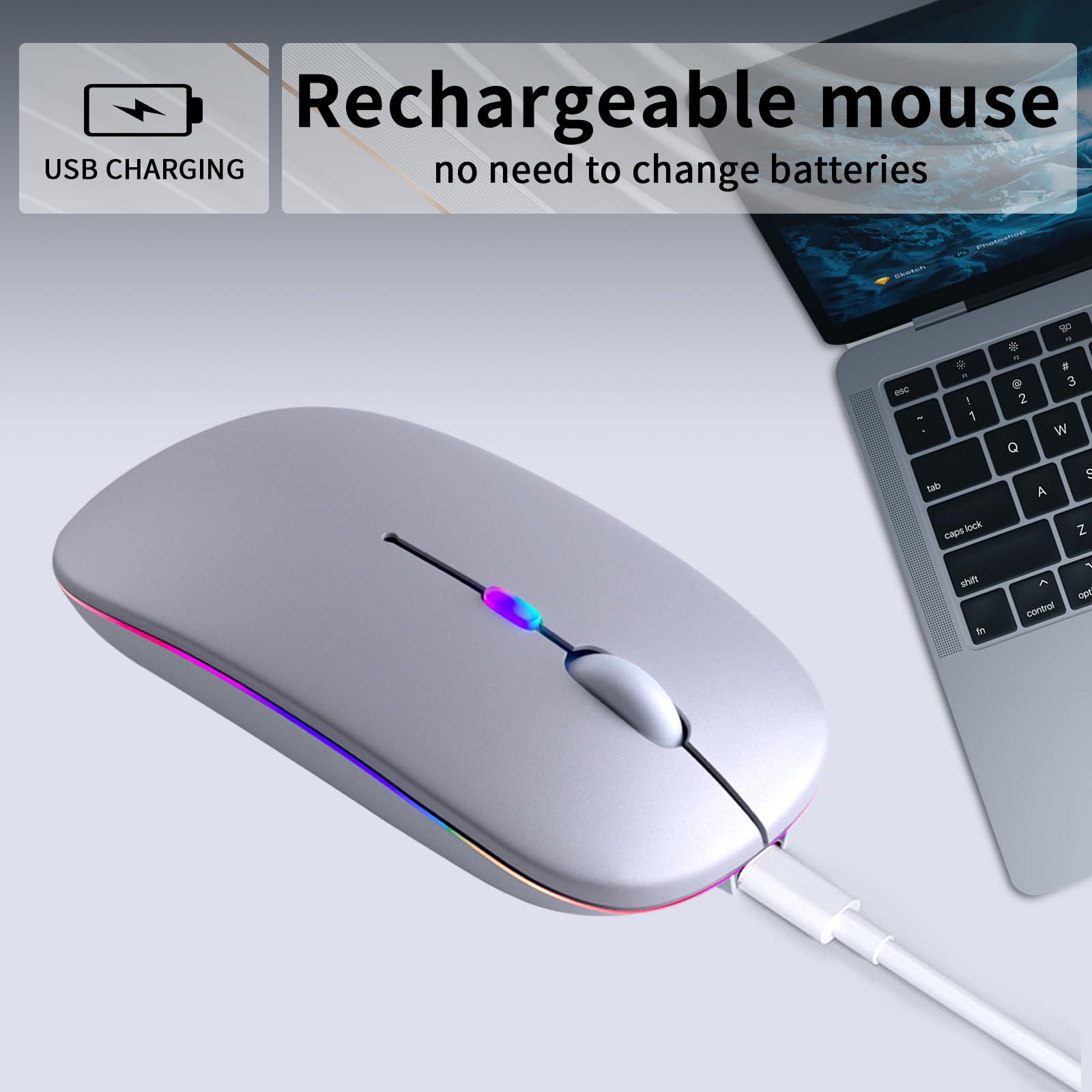 KANMABPC Wireless Bluetooth Mouse – Rechargeable, Silent, Dual Mode (Bluetooth 5.2 & USB) with LED Lights – Portable for Laptop, Desktop, & Tablet(Silver)