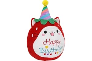 CAIYUEGG Strawberry Cat Plush Stuffed Animal Red Cat Plush Wear Birthday Hat Kawaii Stuffed Toys Soft Home Plushie Decoration Gifts for Boys Girls