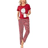 EISHOPEER Women's Cotton Pajama Set Cute Printed Short Sleeve Top & Long Pants Sleepwear Pjs Sets