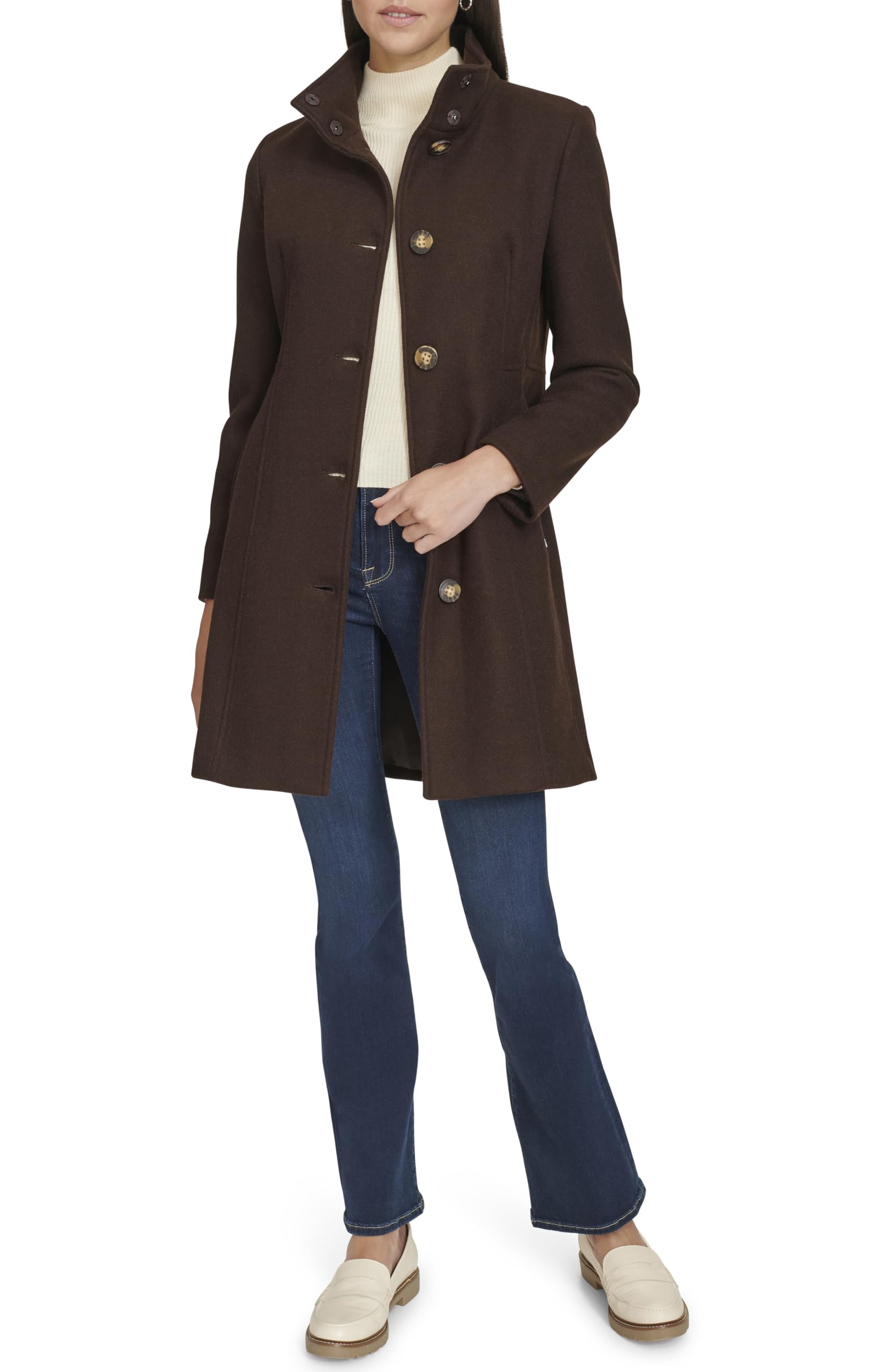 Calvin Klein Women’s Faux Wool Coat – Long Button Front Dress Coat with Stand Collar, Chocolate, XS