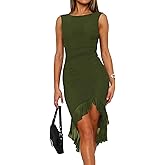 BORIFLORS Women's Sexy Ruched Bodycon Midi Dresses Elegant Sleeveless Backless Ruffle Hem Cocktail Party Tank Dress