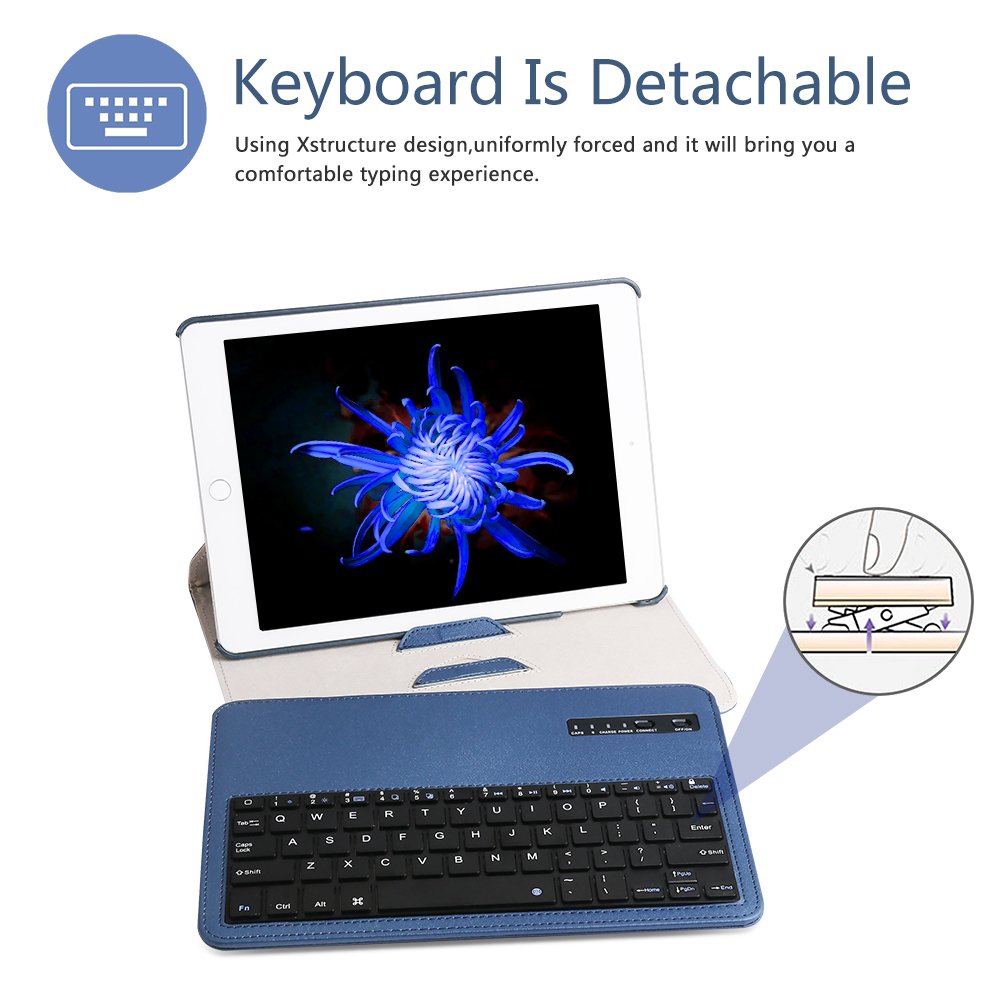 Keyboard Case iPad 9.7(6th Gen, 5th Gen) - iPad Air 2&1 - iPad Pro 9.7-360 Rotating - Detachable Keyboard - PU Leather Stand - iPad Case with Keyboard, (Blue, 9,7)