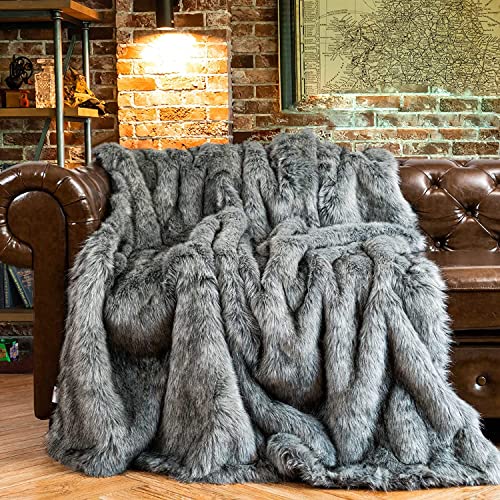 BATTILO Luxury Silver Grey Faux Fur Throw