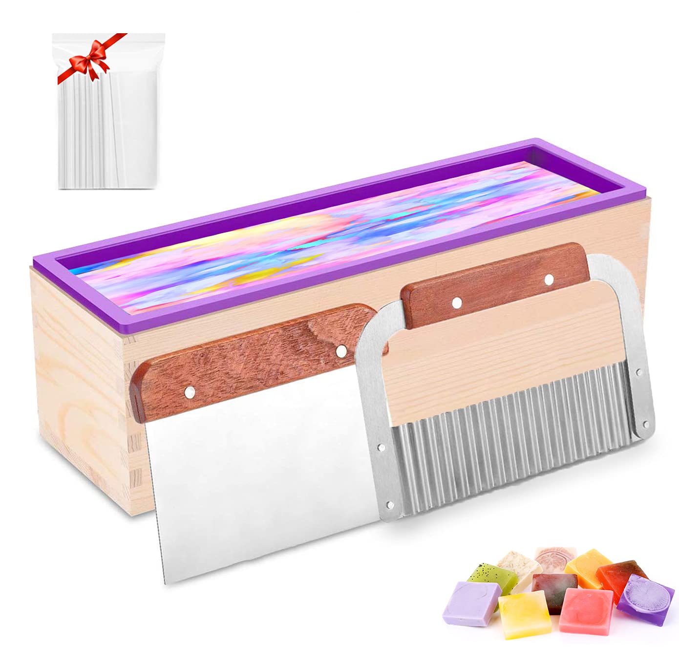 Farielyn-X 1pcs Silicone Soap Molds kit - 42 oz Flexible Rectangular Loaf Soap Mold kit Comes with Wood Box, Stainless Steel Wavy & Straight Scraper for CP and MP Soaps Making Supplies (100 PVC Bags)