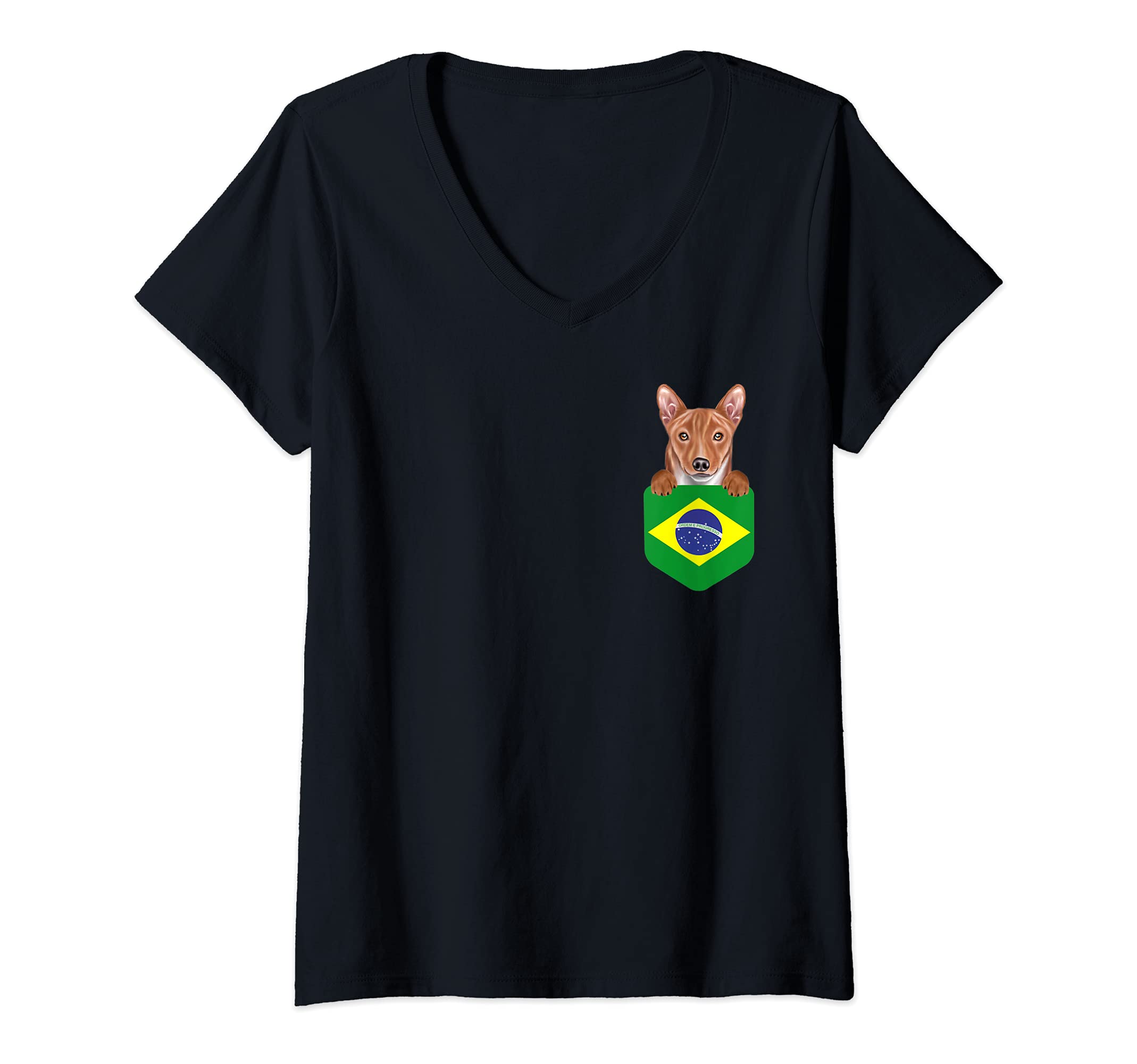 Womens Brazil Flag Basenji Dog In Pocket V-Neck T-Shirt