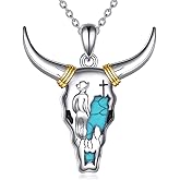 KQF Cow Skull Necklace 925 Sterling Silver Turquoise Western Pendant Cowgirl Country Jewelry for Women Men
