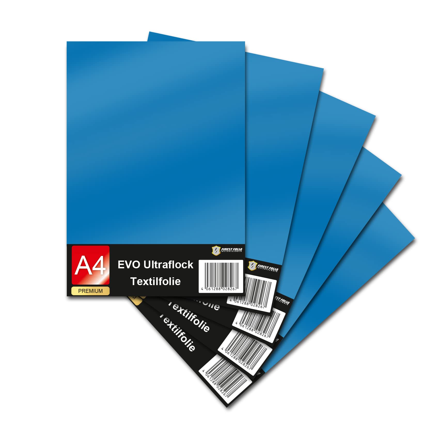 Evo Ultraflock Textile Film for Plotters, 33 Colours, Flock Film in DIN A4 Format, 30 x 20 cm, Plotter Film for Fabric, Clothing, T-Shirt, Flock Film Accessories (Set of 5, 017 Azure)