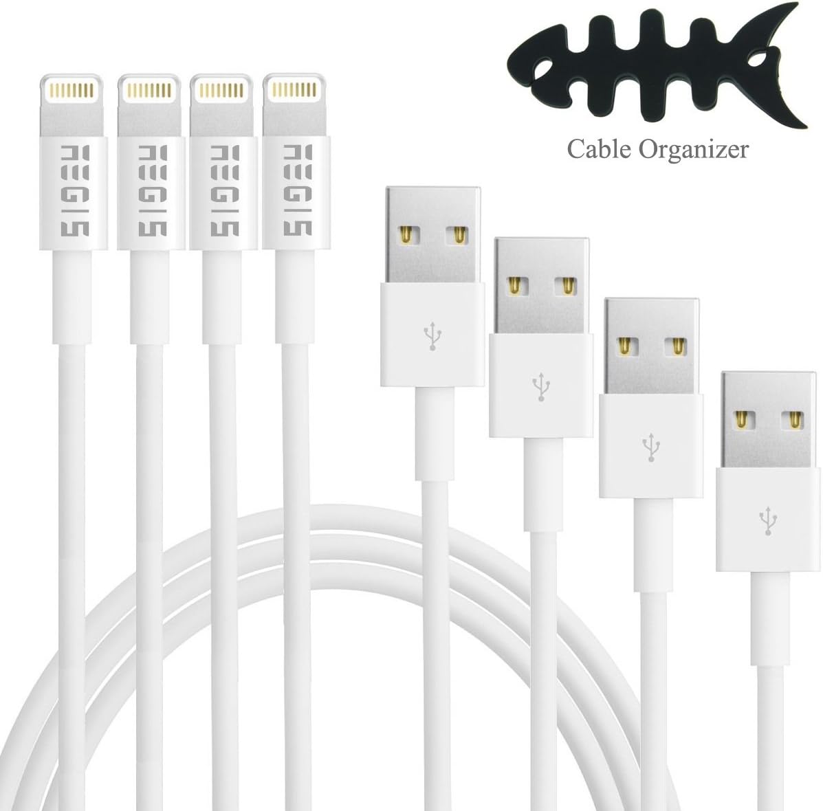 Aegis Maximum(TM) 4 Piece - 3ft USB Sync Data Charging Cable Cord Wire White Suitable for Iphone 6 Iphone 6 Plus Iphone 5s 5c 5 Ipad 4 Mini Air Ipod Touch 5 Ipod Nano 7 with Bonus Cable Holder