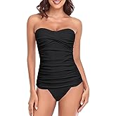 RELLECIGA Women’s Ruched Tankini Sets Tummy Control Two Pieces Bathing Suit Bandeau Tankini with Cheeky Swimsuit Bottom