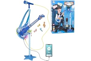 TAKIHON Guitar and Microphone Set for Kids,Guitar Toys with Music&Colorful Light,Adjustable Height Microphone with Stand,Kara