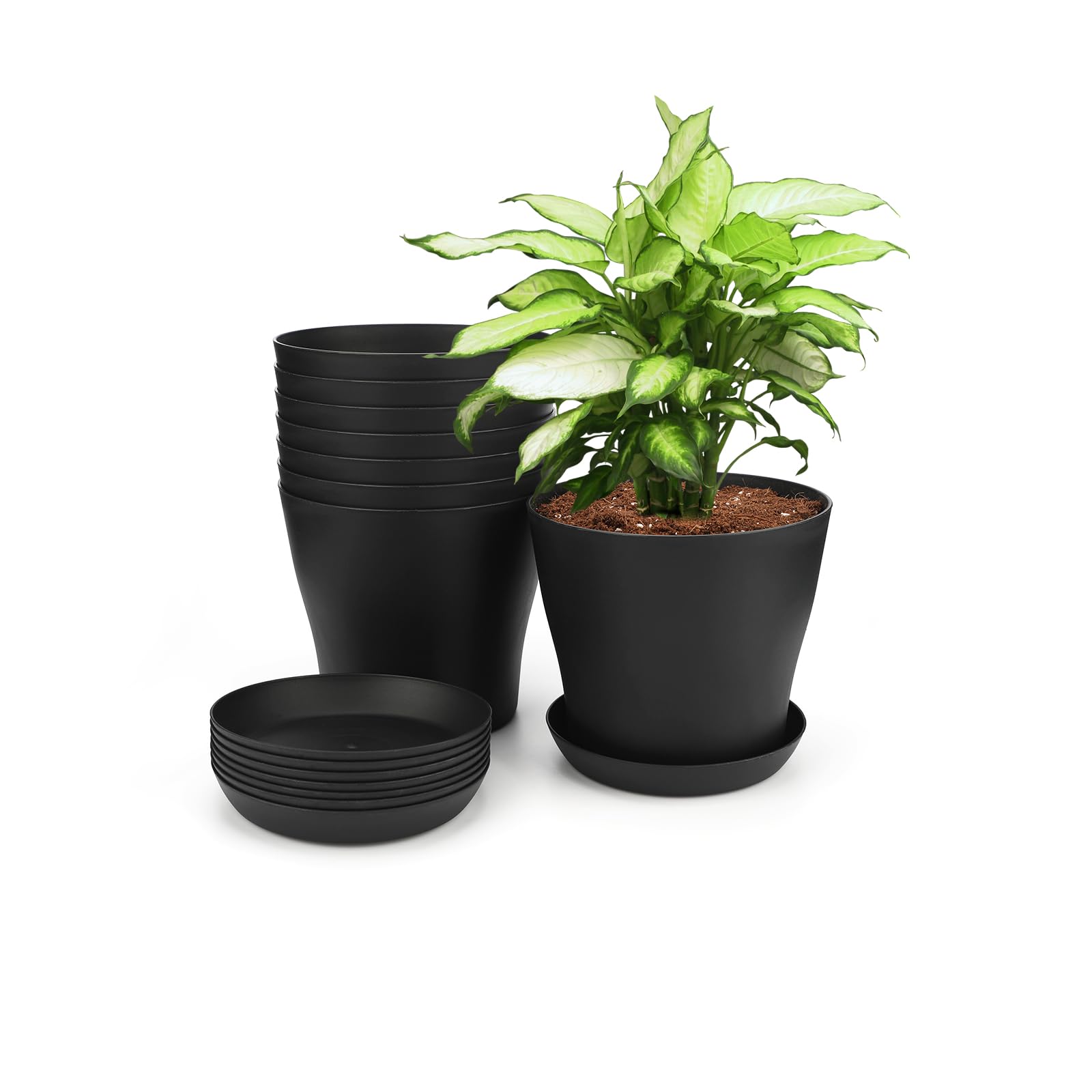 KINGLAKE 8Pcs 5.5" Black Plastic Plant Pots Indoor Flower Pots with Pallet/Trays for Office House …