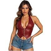 Dynvernal PU Leather Halter Tops for Women Y2K Deep V Hook Eye Lace up Backless Rave Corset Crop Top Club Concert Party