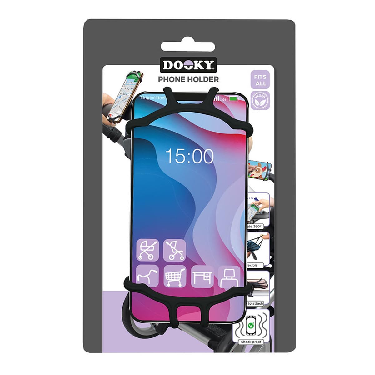 Dooky Silicone Universal Phone Holder (Screen Size between 4.7 and 6.9 inches) for Hands-Free Experience on Pram/ Cycle/ Car Back Seat/ Table/ Desk, Unbreakable, 360 Degree Rotatable, Black