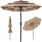 Best Choice Products 10ft 3-Tier Solar Patio Umbrella, Outdoor Market Sun Shade for Backyard, Deck, Poolside w/ 24 LED Lights, Tilt Adjustment, Easy Crank, 8 Ribs - Tan