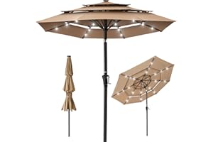 Best Choice Products 10ft 3-Tier Solar Patio Umbrella, Outdoor Market Sun Shade for Backyard, Deck, Poolside w/ 24 LED Lights, Tilt Adjustment, Easy Crank, 8 Ribs - Tan