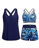 Holipick Blue Leaves 3 Piece Tankini Swimsuits for
