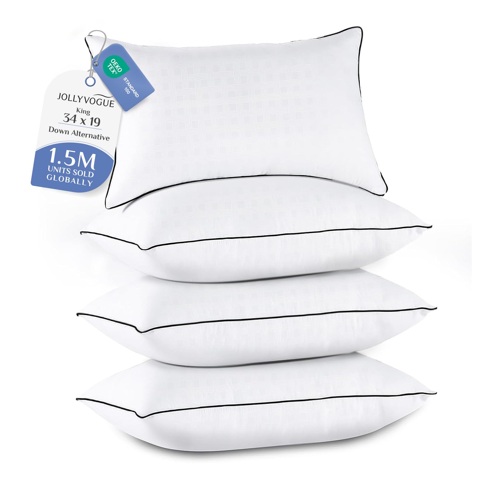 JOLLYVOGUE King Size Pillows Set of 4, Collection Bed Pillows for Sleeping, Hotel Quality Pillows for Side, Back and Stomach Sleepers, Soft and Supportive Oeko-Tex Certified Down Alternative Filling