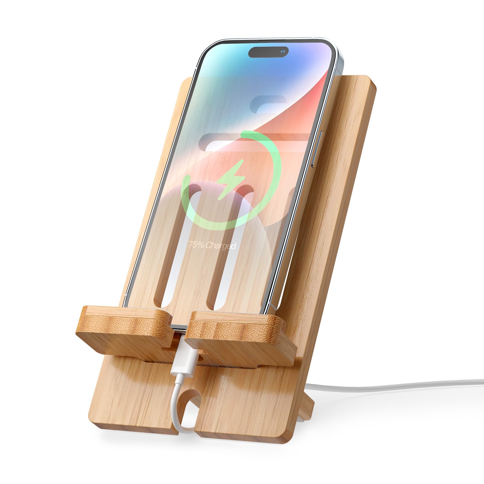 Pezin & Hulin Mobile Phone Stand, Adjustable Bamboo Phone Holder for Desk, Portable Cell Phone Dock Rack with Charging Hole for Phones and Tablets
