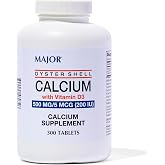 Major Oyster Shell Calcium with Vitamin D3 500 mg / 5 mcg (200 IU) - Daily Calcium Supplement - 300 Tablets (1 Pack)