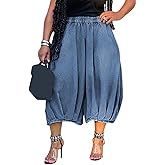 Tbahhir Women's Baggy Jeans Barrel Cropped Elastic Waist Denim Pants Loose Trousers with Pockets