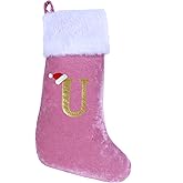 EHJYO 20 Inches Monogram Christmas Stockings with Letters Large Super Soft Christmas Stockings, Pink Velvet with White Plush Cuff Embroidered Xmas Stocking for Christmas Family Decor Letter U