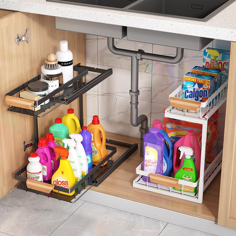 Keqin 2 Tier Under Sink Organizer,Pull Out Cabinet Shelves, Slide out Pull out Cabinet Organizer Shelf,Multi-Purpose Storage for Kitchen and Bathroom 36.5 * 27 * 37cm