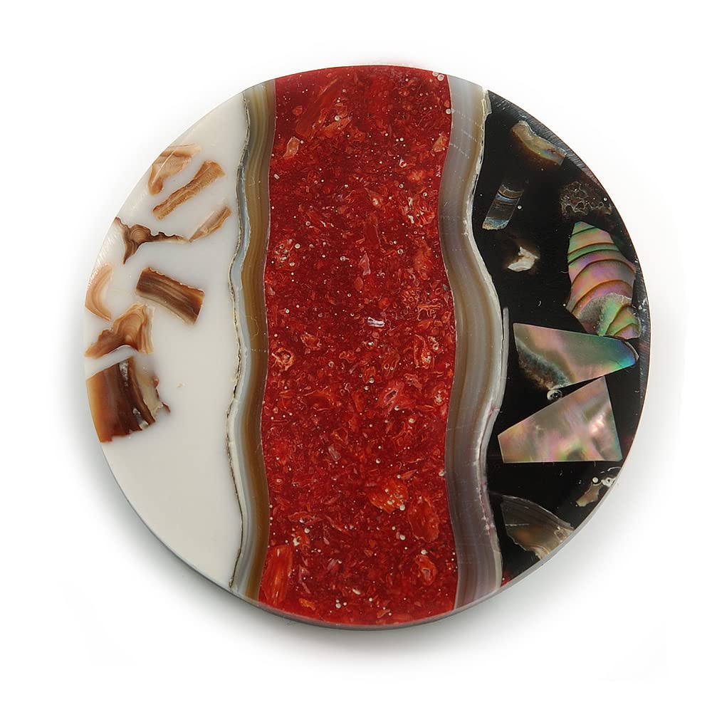 40mm L/Round Sea Shell Brooch/Blak/Red/White Shades/Handmade/Slight Variation In Colour/Natural Irregularities