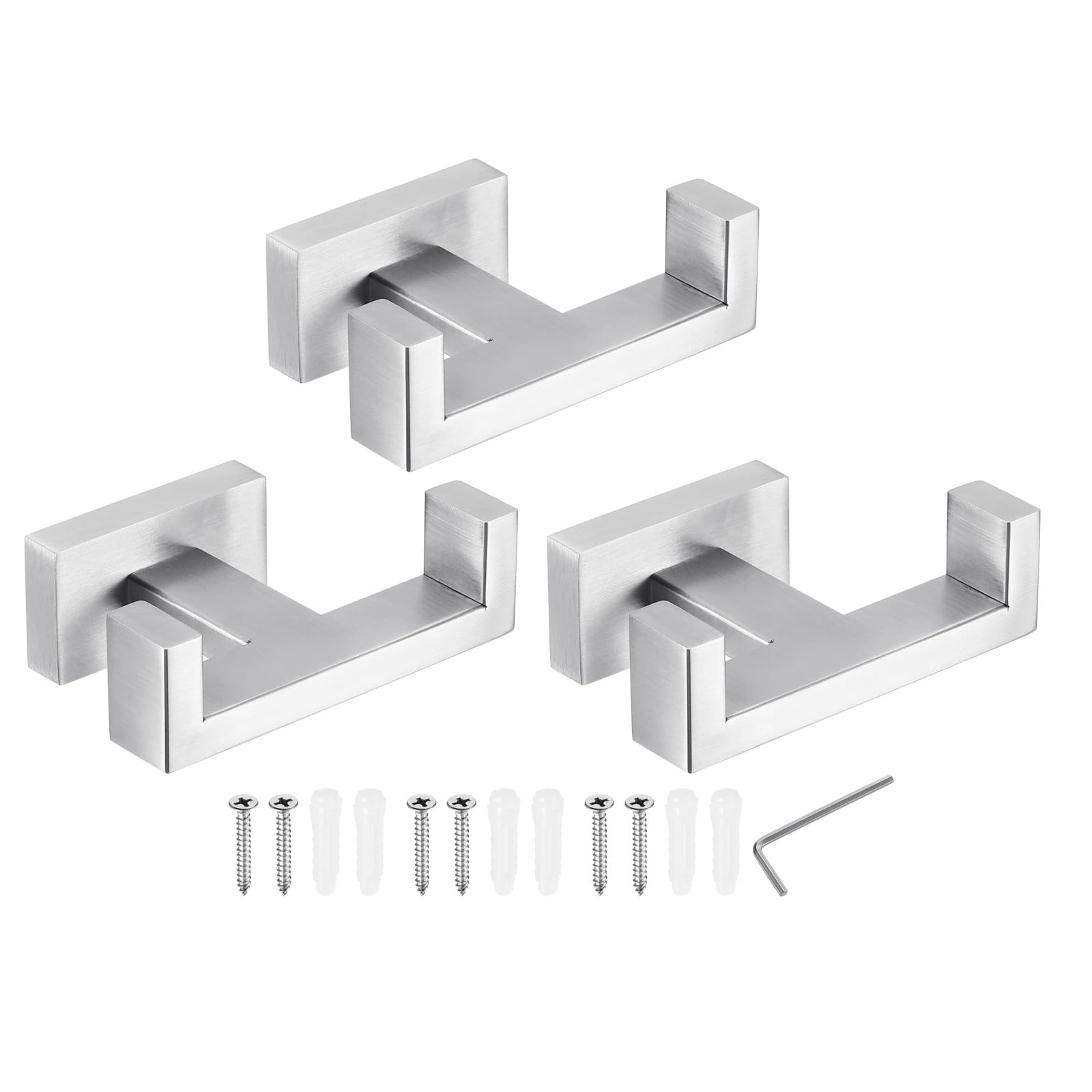 PATIKIL Double Towel Hook, 3Pack 304 Stainless Steel Wall Mounted Hanger Rectangle Towel Holder for Hanging Bathroom, Bedroom, Dormitory, Hang Towel, Clothes, Coat, Robe, Hat, Silver Tone