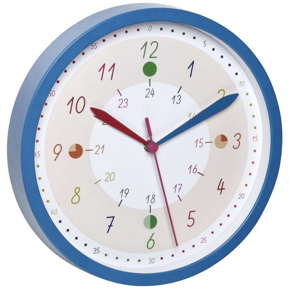 TFA Dostmann 60.3058.06.90 Children's Analogue Wall Clock Tick & Tack for Girls and Boys Colourful Learning Time with Markings Colourful Plastic Glass Blue L310 x W50 x H340 mm