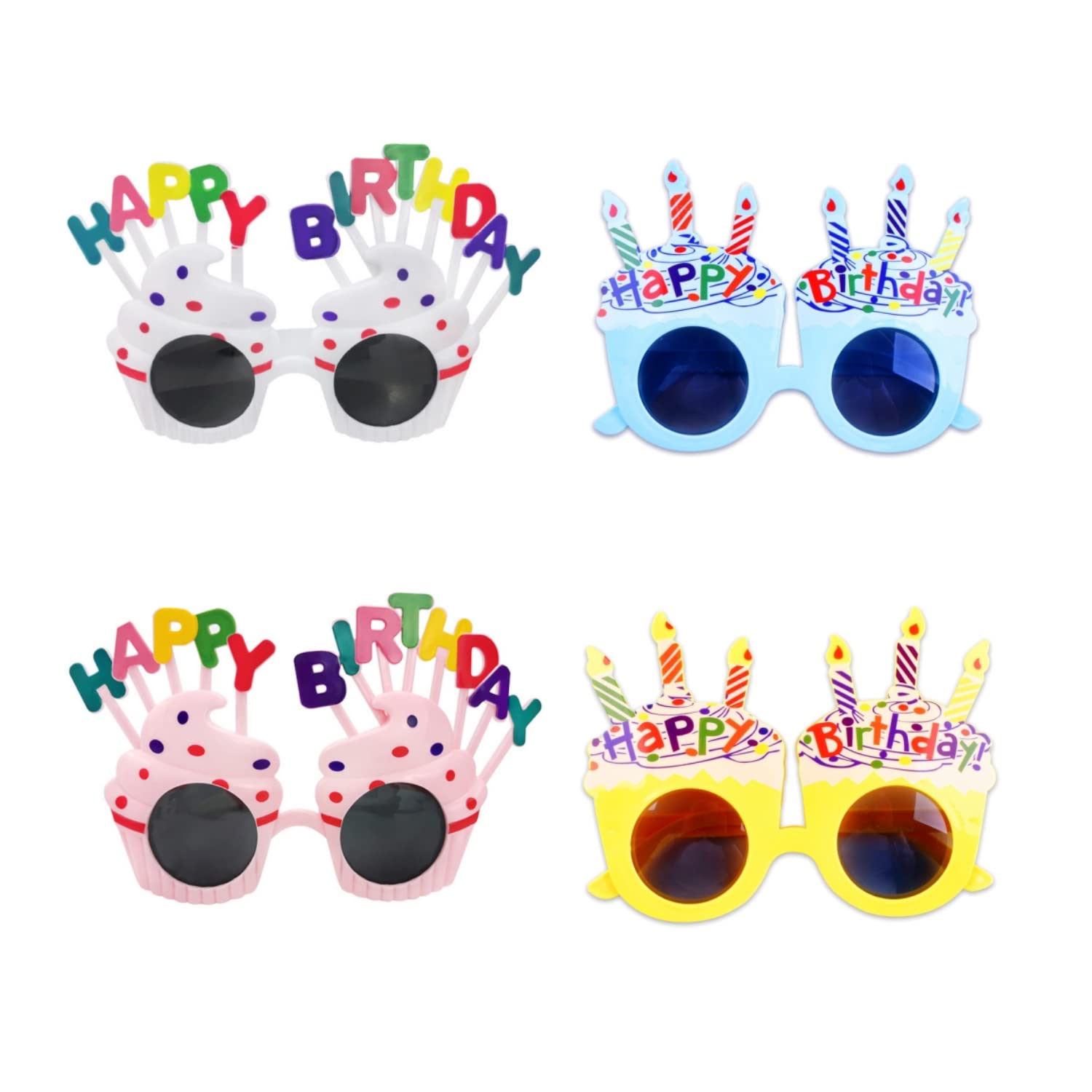 JZK 4 Pairs happy birthday party glasses, sweet cream birthday cake sunglasses photo prop party supplies for kids adults party accessory