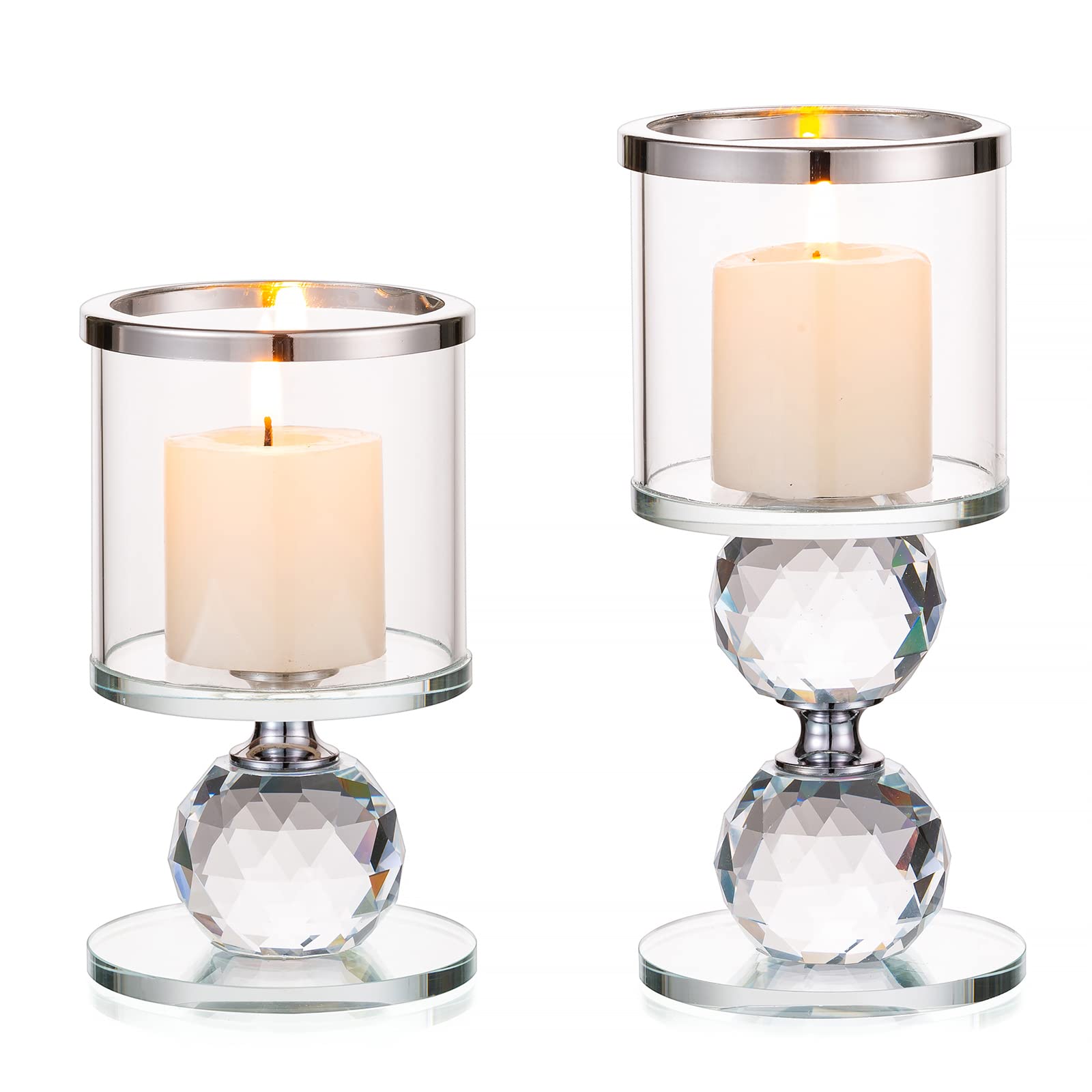 Sziqiqi Crystal Pillar Candle Holder Set of 2, Clear Glass Candlestick Holders Tealight Candle Stand Candlelight Dinner Table Centerpiece for Wedding Gifts Mantlepiece Fireplace Decoration, Silver Rim