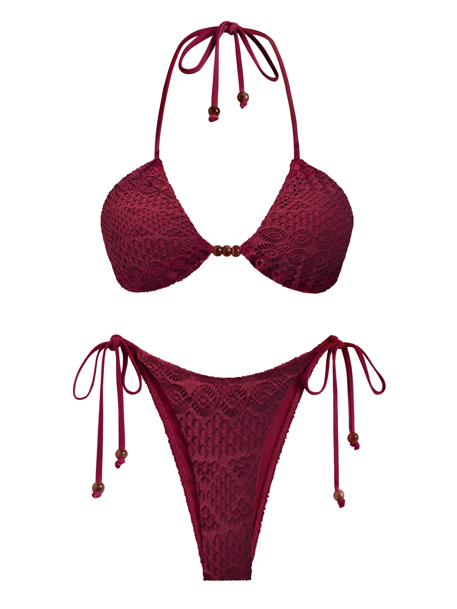 Photo 1 of ZAFUL Women's Bikini Set Fishnet Triangle Tie Convertible Collar Halter Bandeau Shell Two Piece Bathing Suit Wine S