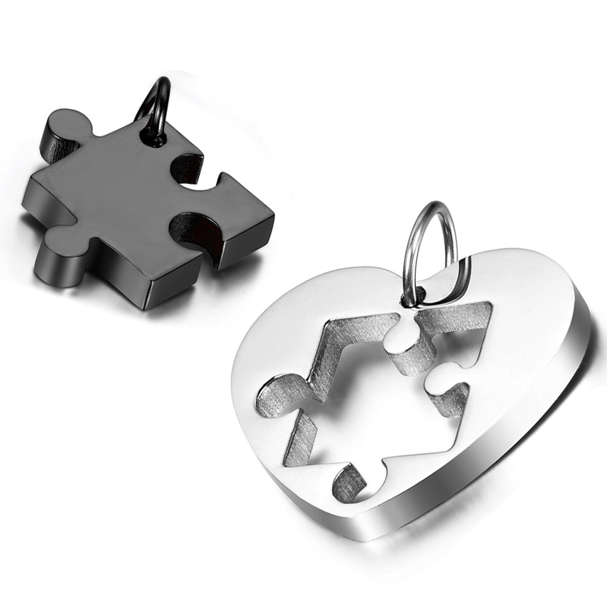 Cupimatch 2pcs Couples Necklace Stainless Steel Love Heart Puzzle Matching Pendant with Chain (Black)