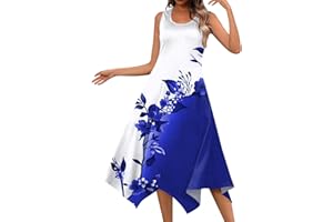 FONMA Summer Spring Dress for Women Casual Fashion Round Neck Sleeveless Dress Printed Slim Fit Irregular Midi Dress