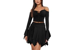 PRIVIMIX Women 2 Piece Skirt Set Sexy Fairy Off Shoulder Rave Ruffled Outfits Y2K Fairycore Corset Club Festival Dress