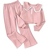 HIHA Girls Doll Collar Half Zip Sweatshirt Flare Pant Set for 6-12 Years