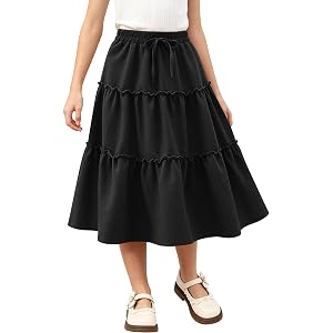Hvididan Girls Midi Skirts Flowy Ruffle A-Line Tiered Long Skirt for Girls School Uniform Casual Fall Skirtskids 5-14Y