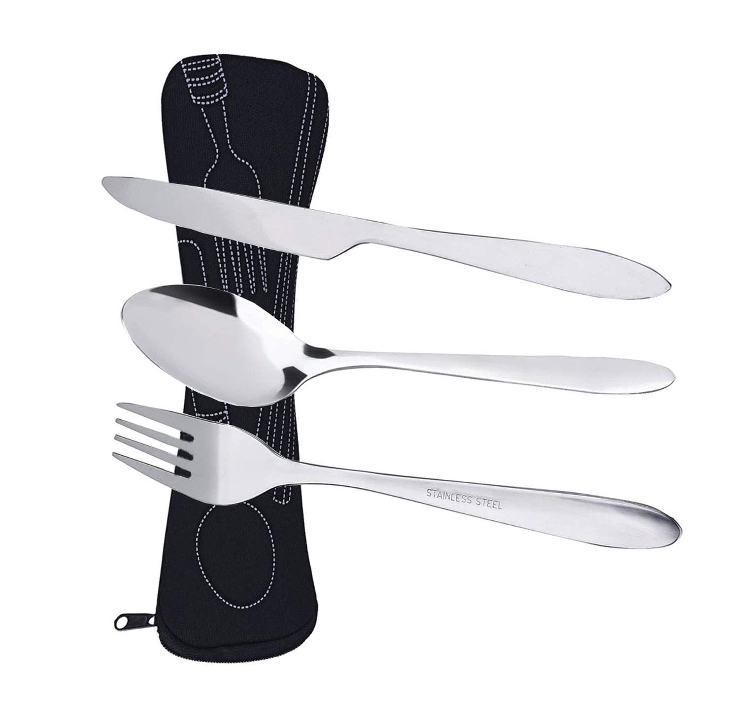 Prettyui Silverware Cutlery Set Stainless Steel with Organizer Bag Travel Camping Flatware Dinnerware Tableware Kit with Storage Lunch Box for Picnic School Knife Fork Spoon Set Black Case（3 Pack）