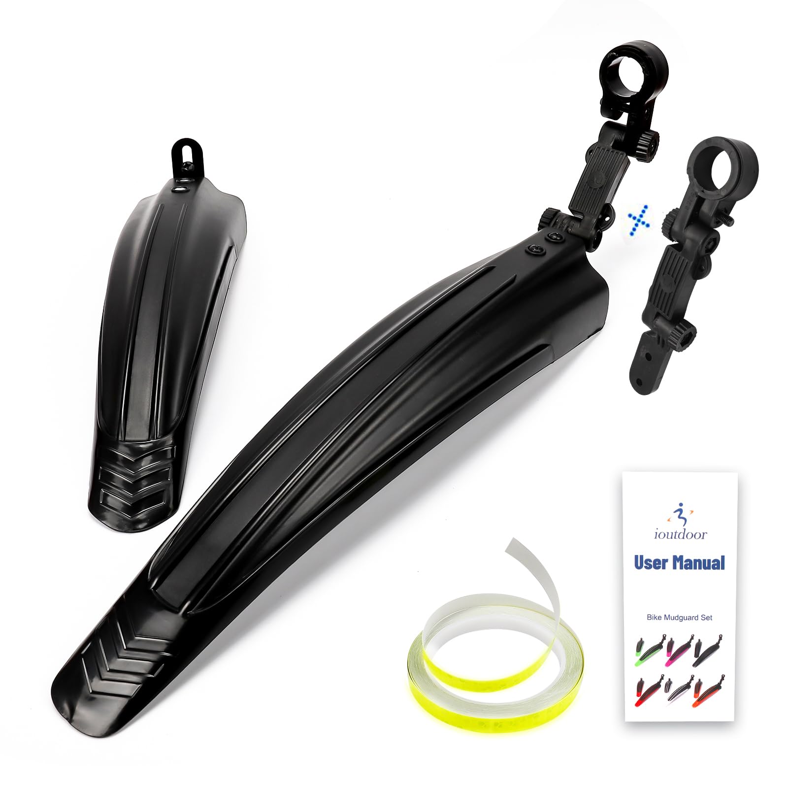 ioutdoor Bike Mudguard Set with 27ft DIY Reflective Tape,Bike Fenders Set Adjustable,Bicycle Front and Rear Mud Guard Fits for 20",22",24",26" 27" 28" MTB Mountain Road Bike Cycling (Black black) — image 1