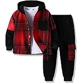 Voxikodex Size 4-11 Years Boys Clothes Flannel Plaid Shirt Hooded Sweatshirt & Pants 3PCS Kids Boys Fall Winter Outfits Sets