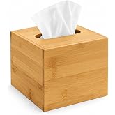 Performore Square Bamboo Tissue Box Cover, Water-Resistant Wood | Stylish facial tissue holder for bathroom, office desk and nightstand; 6.3 inch compact design