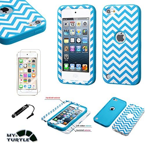 Apple iPod Touch 5th 6th Generation Case MyTurtle TM iPod Touch 5, Touch 6 Verge Shockproof Hybrid 3 Layer Hard Premium Silicone Shell Cover with Stylus Pen + Screen Protector (Blue White Wawes)