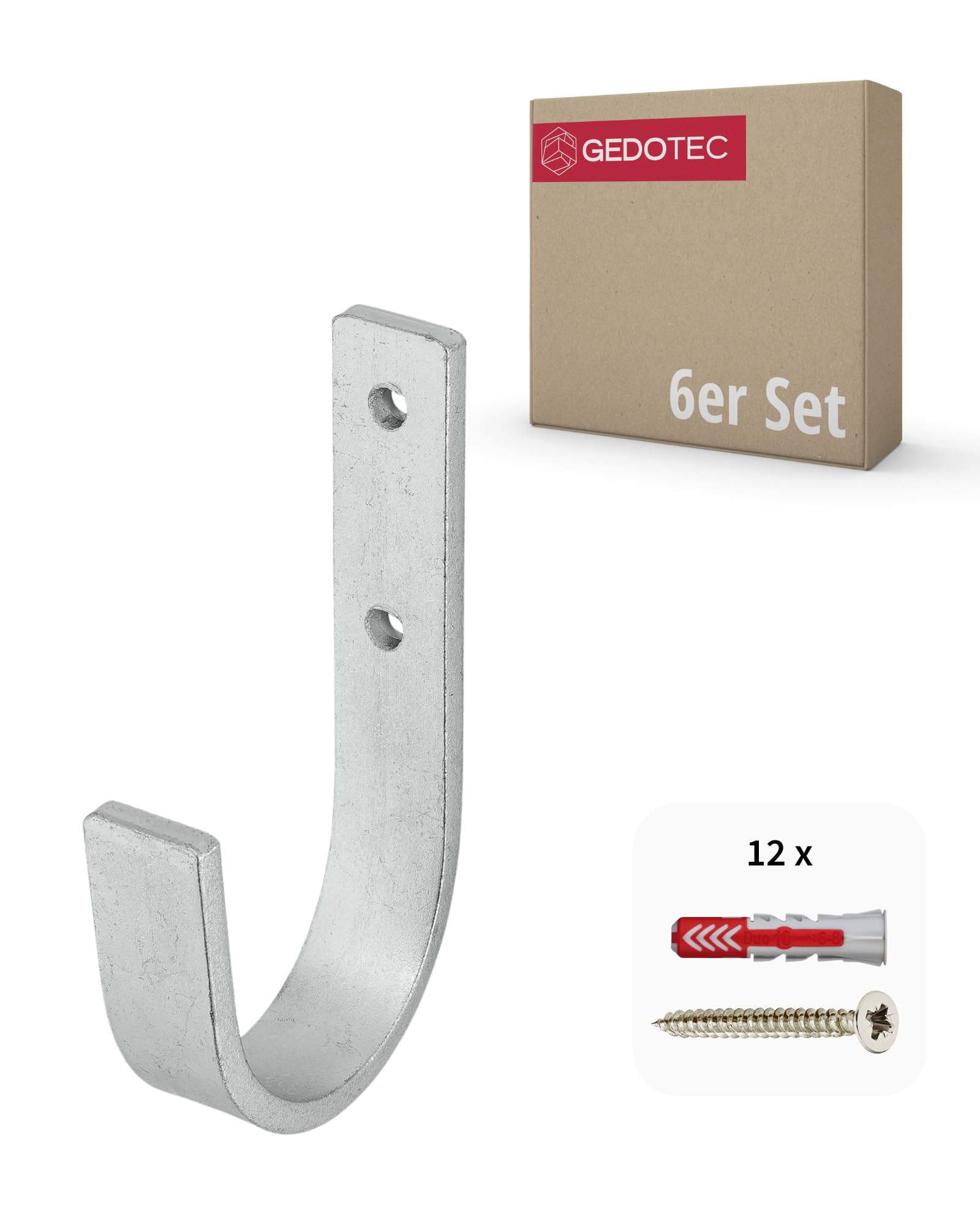 Gedotec Wall Bracket - Galvanized Steel | 6 Ladder Hooks Curved 55 x 110 mm | incl. Fastening Material | All-Purpose Hooks Made of Metal for screwing