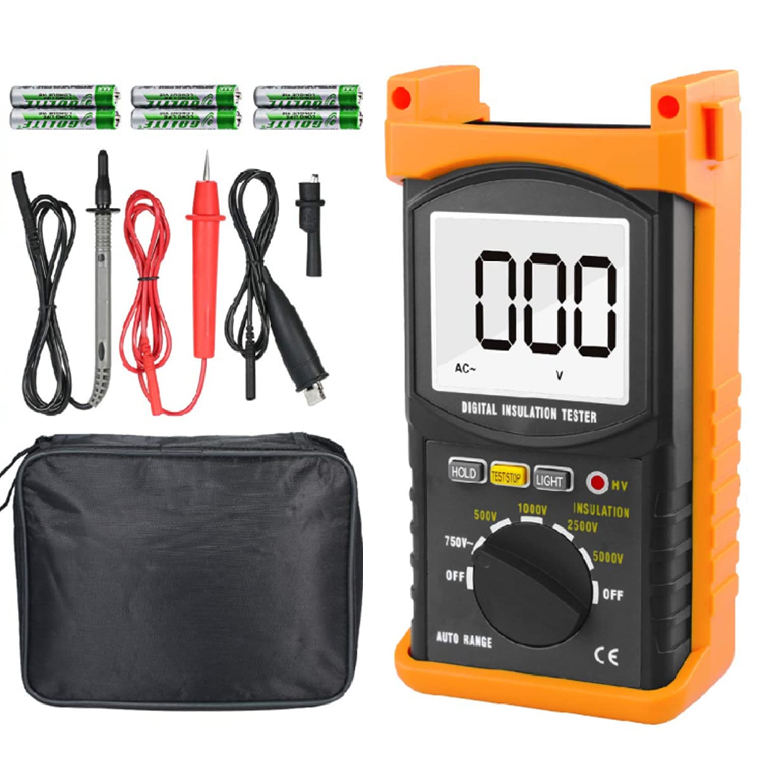BTMETER Megohmmeter 200G Ohm Digital Insulation Resistance Tester 1999 Counts, with Auto Range, 500V/1kV/2.5kV/5kV Test Voltage, Data Hold, Backlit Display