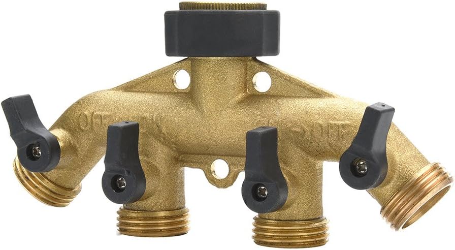 AKRAF Solid Brass 4 Way Hose Splitter Water Spigot, Garden Tap Hose Manifold with Leak-Free Brass Ball Valves 3/4"