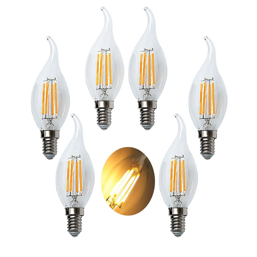 ZYUJIA 6 Packs 6W E14 LED Candle Bulb(Equivalent to 60W) 600LM Not-Dimmable C35 LED Filament Light Bulb,2700K Warm White Vintage Filament Energy Saving Candelabra Lamp,360 Beam Angle