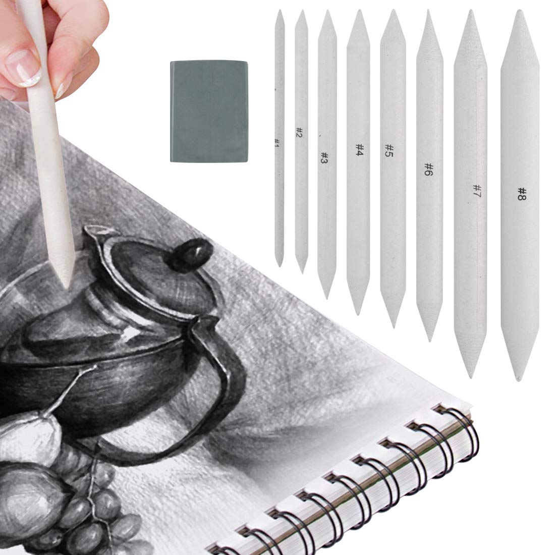 Yolyoo 20 Pcs Blending Stumps and Tortillions Set with 2 Sandpaper Pencil Sharpener, 1 Pencil Extension Tool and 1 Eraser for Student Sketch Drawing Accessories