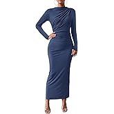 BTFBM Women Bodycon Maxi Dress Long Sleeve Back Slit Ruched Elegant Party Cocktail Formal Fall Wedding Guest Dresses