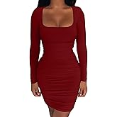 Kaximil Women's Sexy Bodycon Ruched Mini Club Dress Long Sleeve Basic Casual Dresses