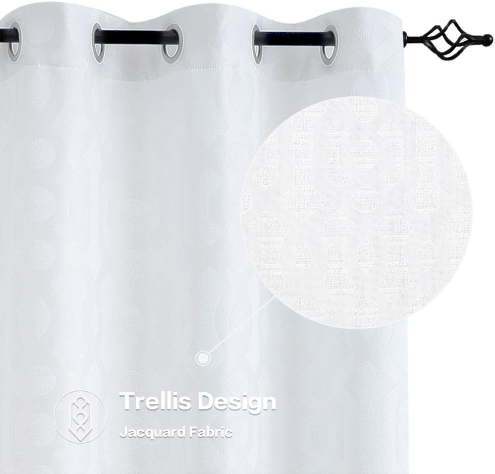 Jacquard Curtains for Living Room 63 inch Length Trellis Geometric Pattern White Light Filtering Window Curtains for Bedroom Privacy Opaque Window Treatment Set, Grommet Top, 2 Panels